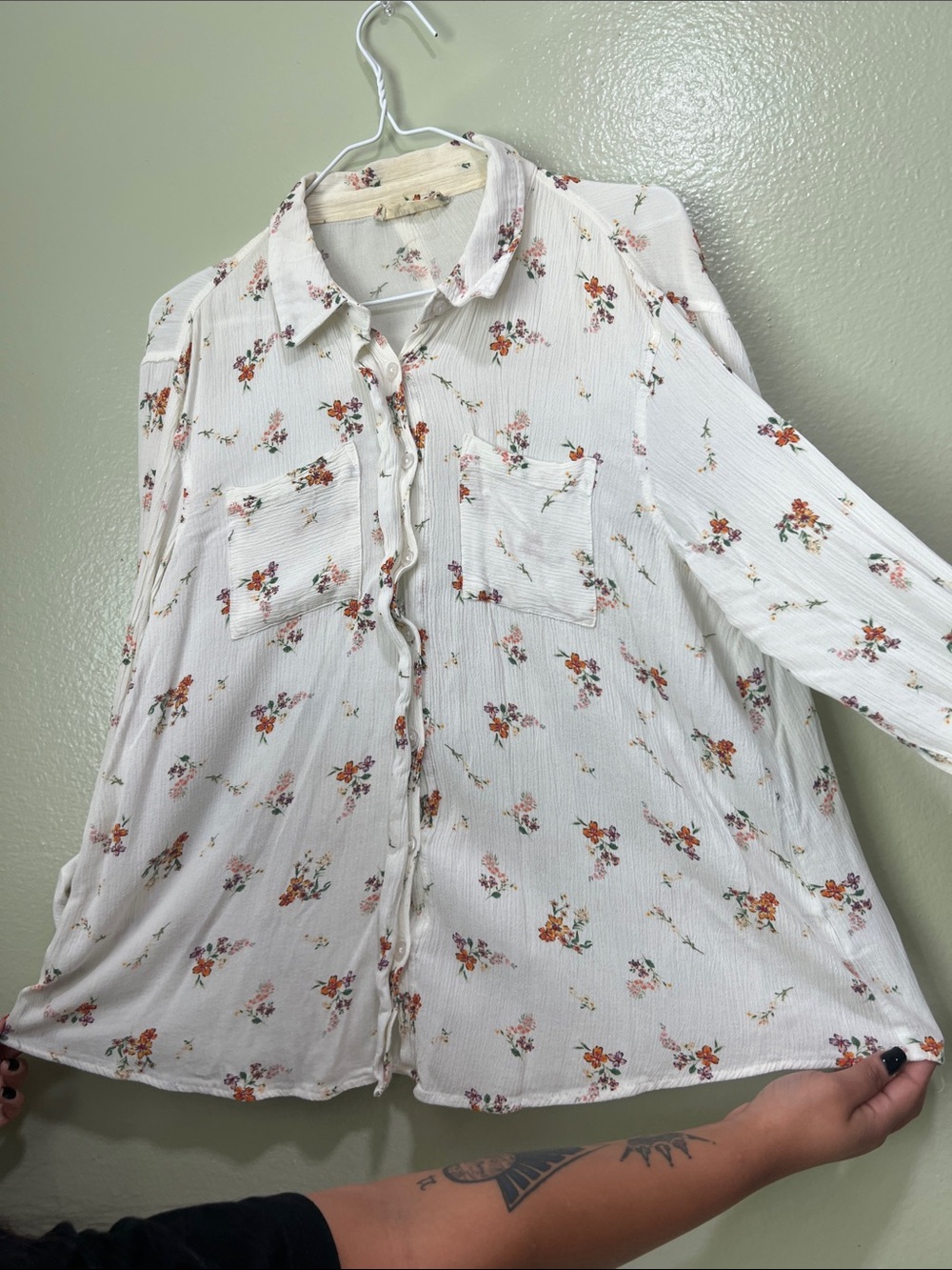 Pink Rose White Button-Front Blouse with Rust & Pink Floral Print
